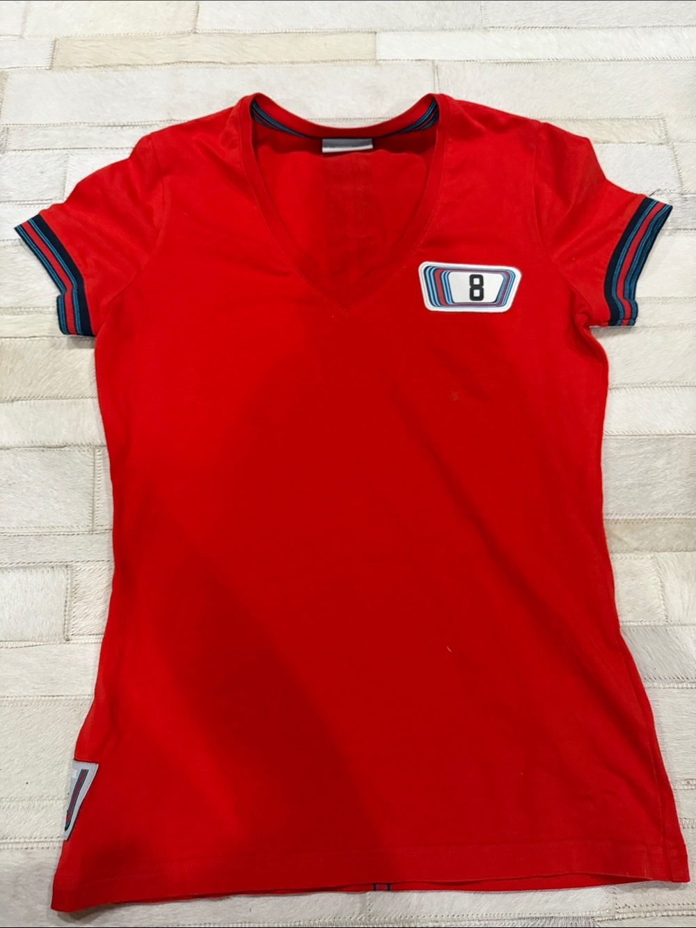 Porsche Design Red V-Neck Women's Tee with Stripe Trim